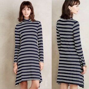 Anthropologie Maeve Navy Blue Striped Turtleneck Dress Stretch Size XS Boho Midi